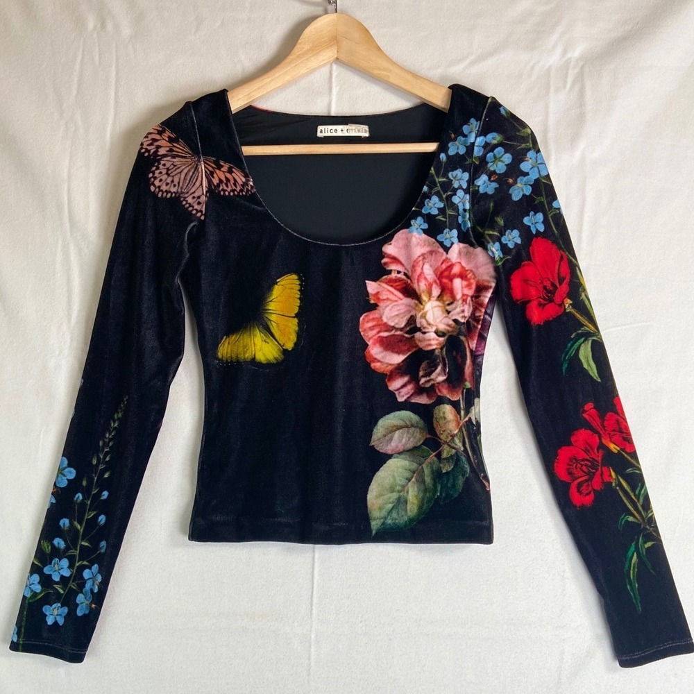 Alice + Olivia Delaina Scoop-Neck Velvet Top Sz XS Black Floral Butterflies